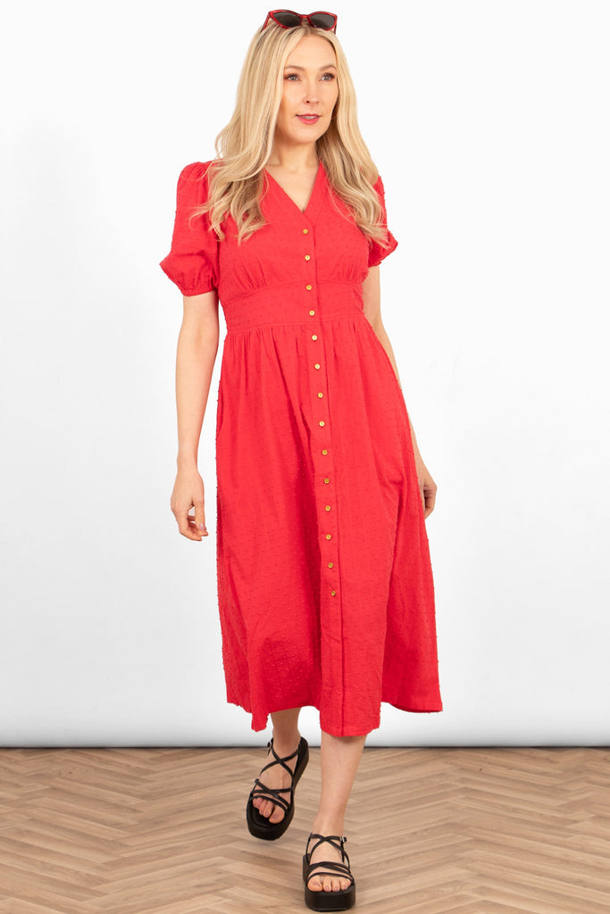 poppy-cotton-button-down-midi-tea-dress-red-dobby-front-view-on-model-styled-sandals-sunglasses