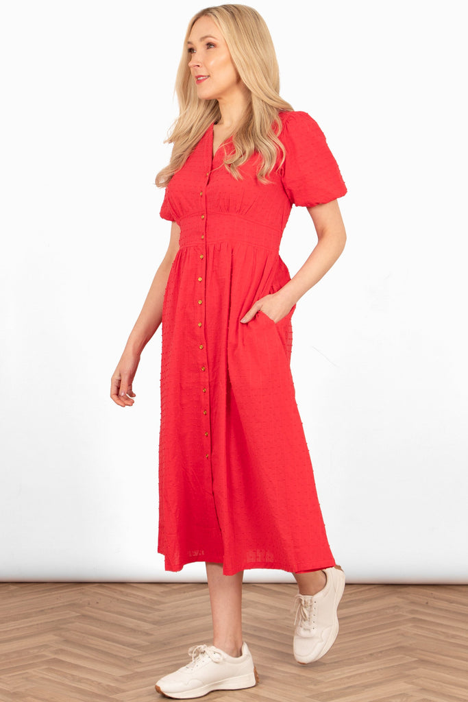 poppy-cotton-button-down-midi-tea-dress-red-dobby-side-view-model-showing-pockets