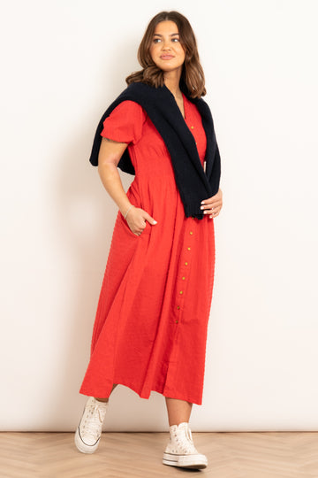poppy-cotton-button-down-midi-tea-dress-red-dobby-styled-casual-shoes-jumper