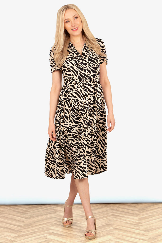 liberty-midi-shirt-dress-black-abstract-animal-print-styled-on-model-gold-sandals