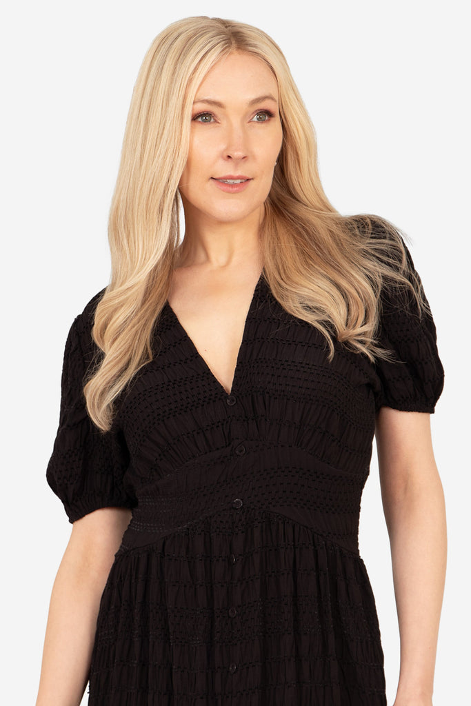 oliva-button-front-midi-tea-dress-black-asymmetric-stripe-v-neck-short-sleeves-shirring