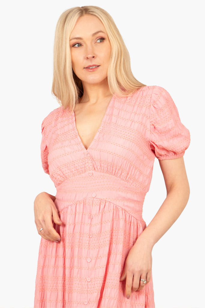 oliva-button-front-midi-tea-dress-coral-asymmetric-stripe-v-neck-shirred-waist