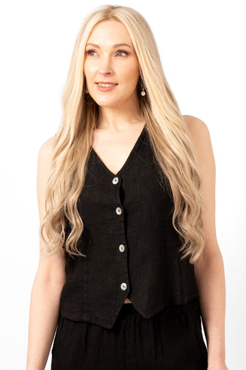 summer-italian-linen-waistcoat-black-model-showing-front-view-v-neck-button-front-sleeveless