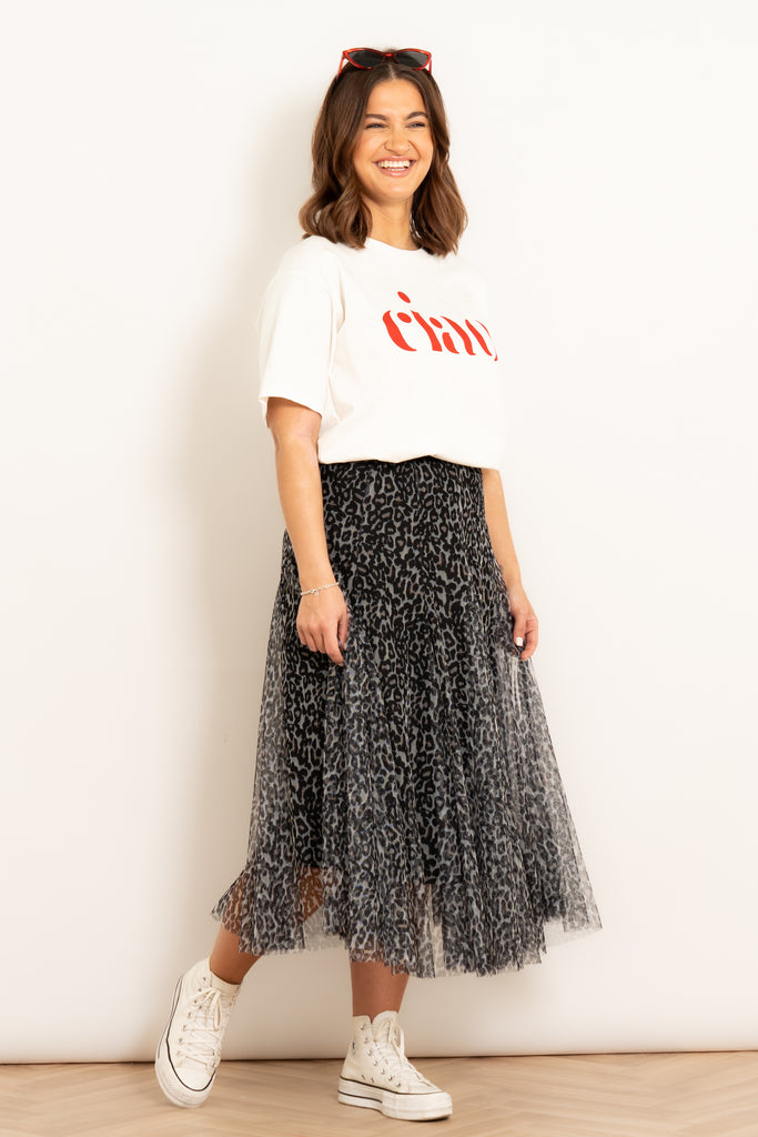 Eden-Tulle-Midaxi-Swing-Skirt-Natural-Leopard-Styled-With-White-Ciao-Graphic-Tee-And-Red-Sunglasses