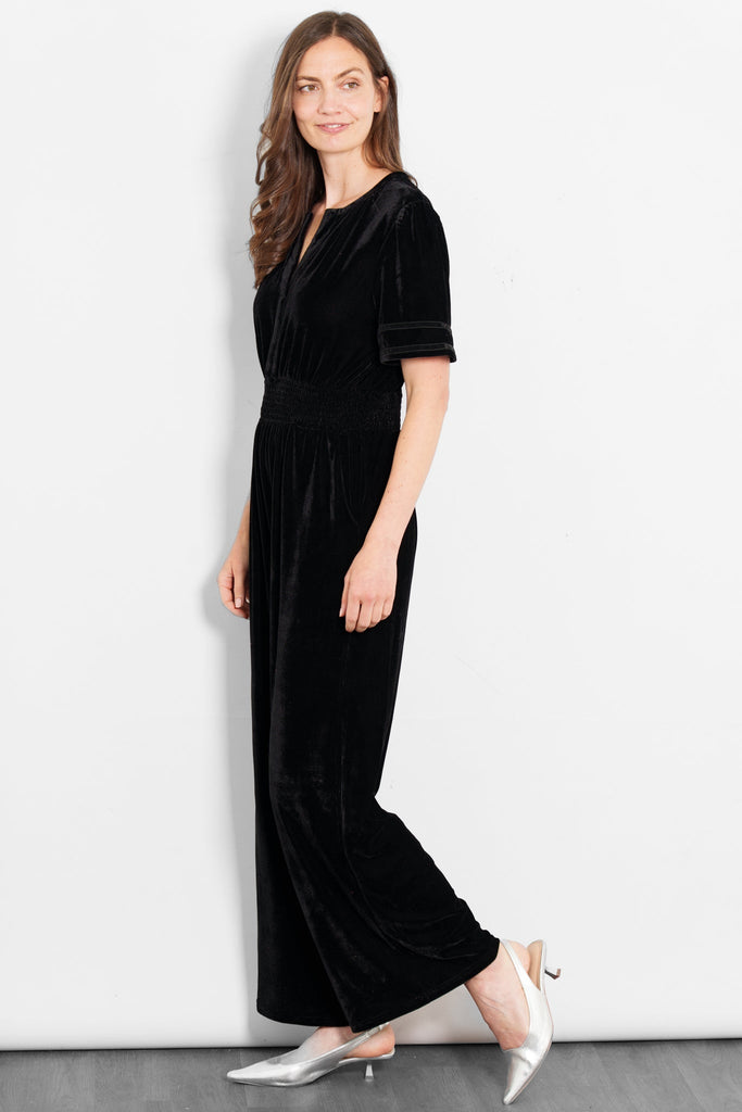 lydia-v-neck-jumpsuit-black-velvet-short-sleeves