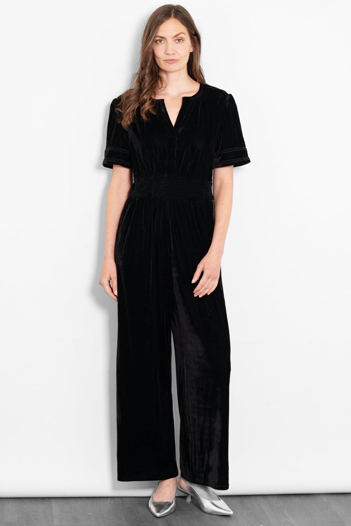 lydia-v-neck-jumpsuit-black-velvet-model-front-view