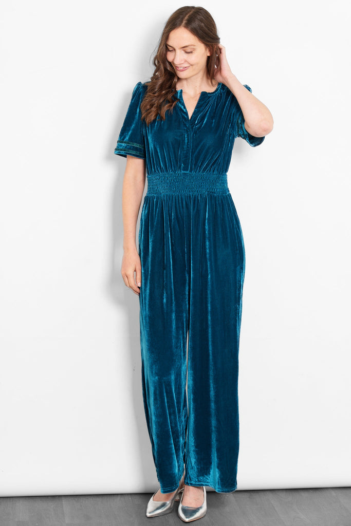lydia-v-neck-jumpsuit-teal-velvet-model-front-view