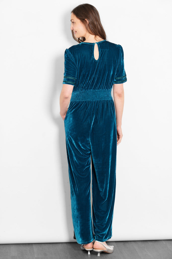 lydia-v-neck-jumpsuit-teal-velvet-rear-view-button-neck