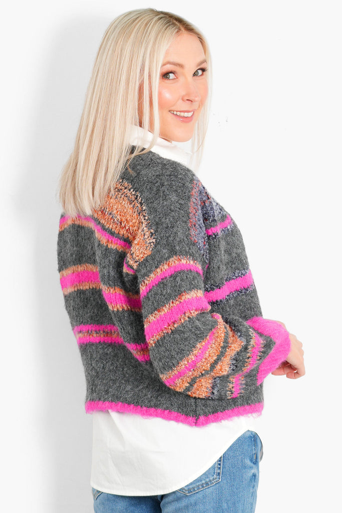 brodie-wool-blend-cardigan-dark-grey-pink-colourblock-stripe-rear-patterned