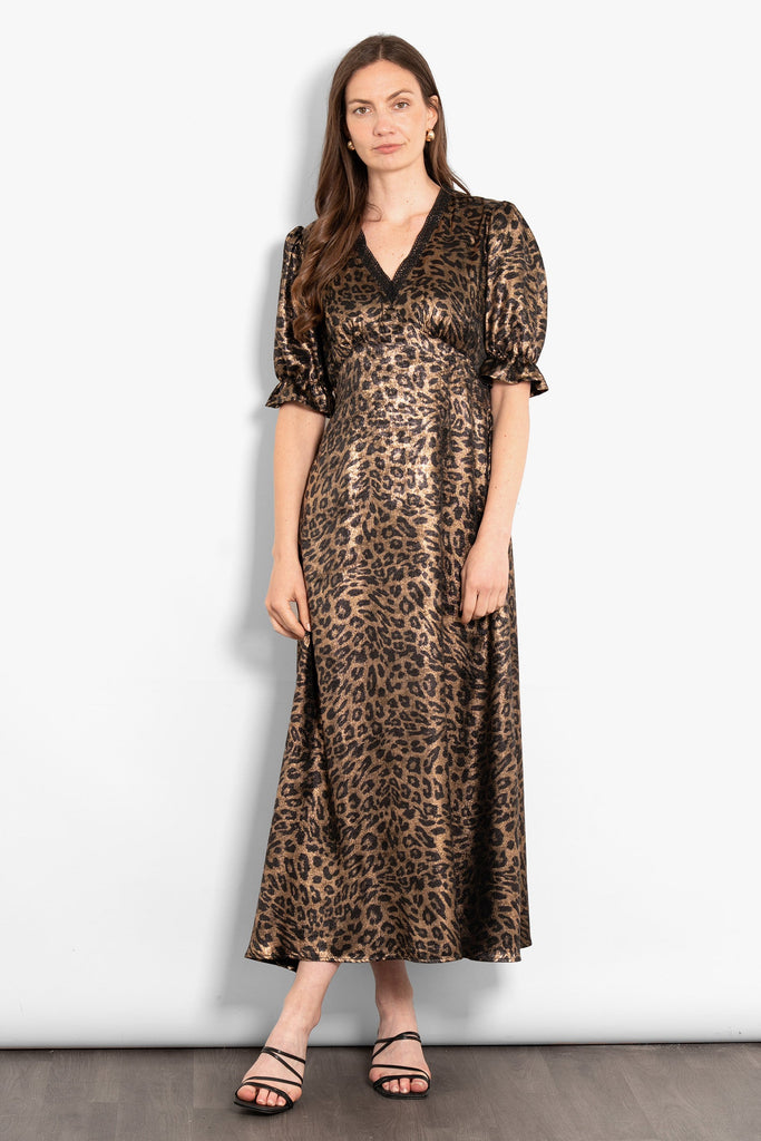 elise-v-neck-tea-dress-bronze-leopard-print-model-front-view