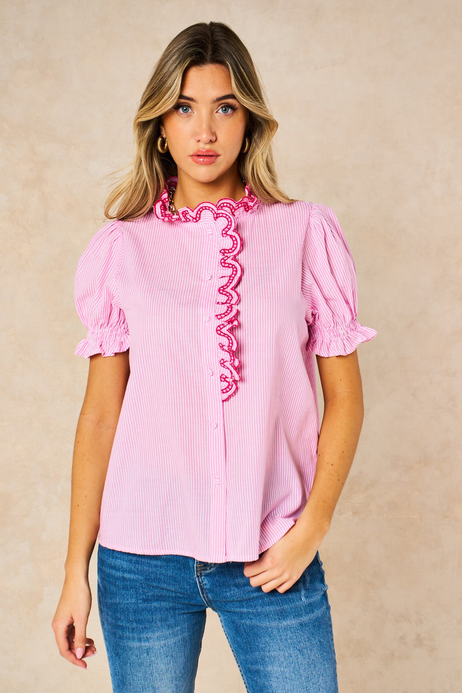 sartaandco – Candy Stripe Short Sleeve Shirt Cotton - Pink