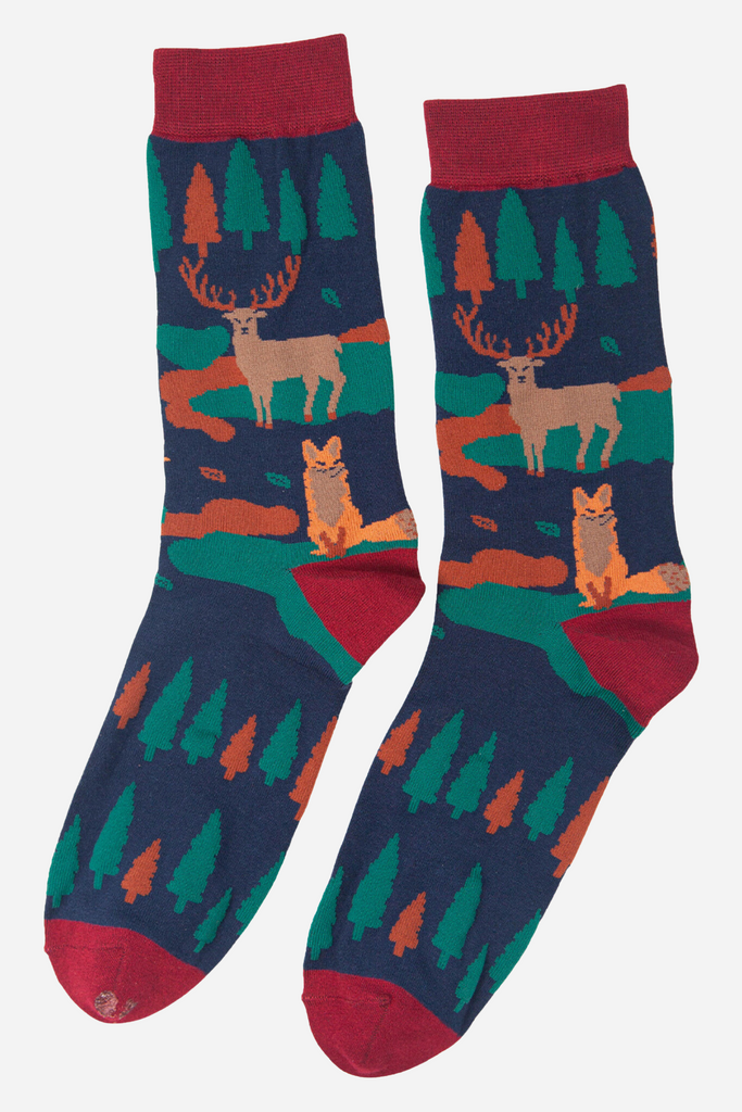 blue, red green bamboo socks with a fox and stag and trees