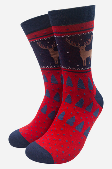 red and navy blue dress socks featuring a stag and a fair isle inspired pattern