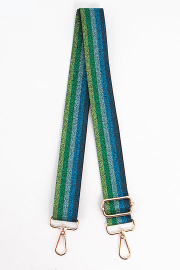 green and blue striped glitter bag strap with gold clip on hardware