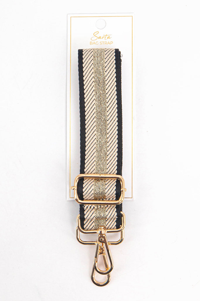 cream and gold glitter stripe woven bag strap in its sarta packaging
