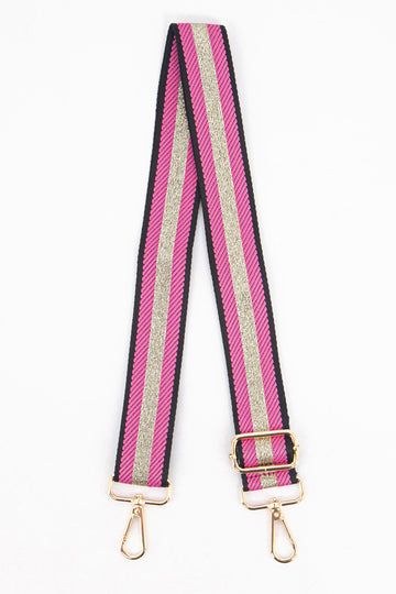 fuchsia pink bag strap with a gold glitter centre stripe and gold hardware