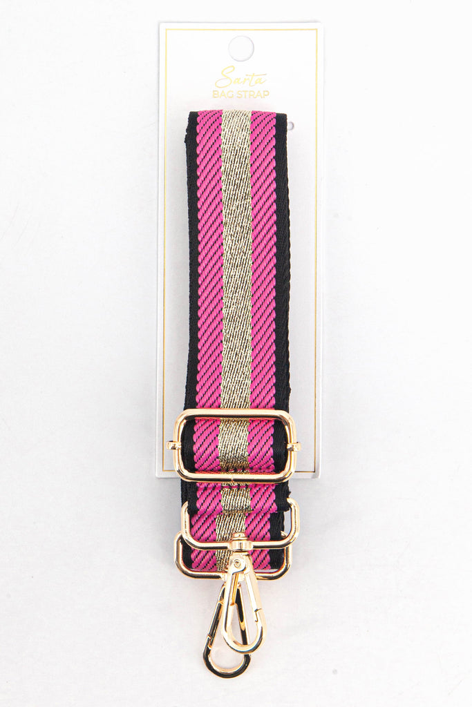 fuchsia pink and gold glitter stripe woven bag strap in its sarta packaging