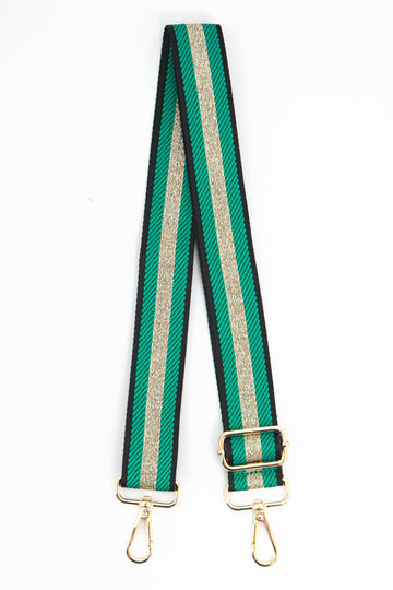 bright green bag strap with a gold glitter centre stripe and gold hardware