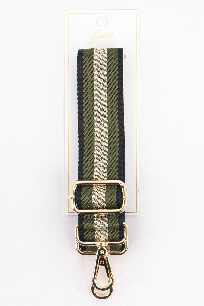 khaki and gold glitter stripe woven bag strap in its sarta packaging