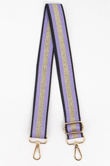 lilac bag strap with a gold glitter centre stripe and gold hardware