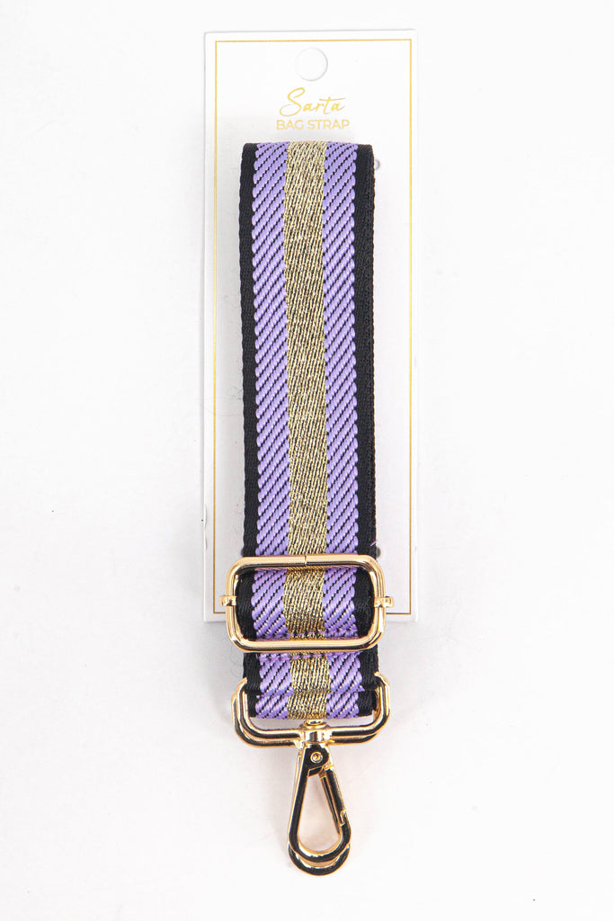 lilac and gold glitter stripe woven bag strap in its sarta packaging