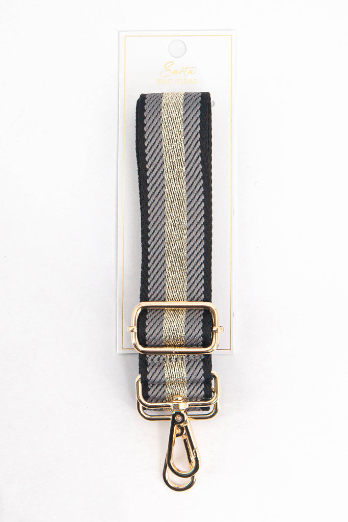 grey and gold glitter stripe woven bag strap in its sarta packaging