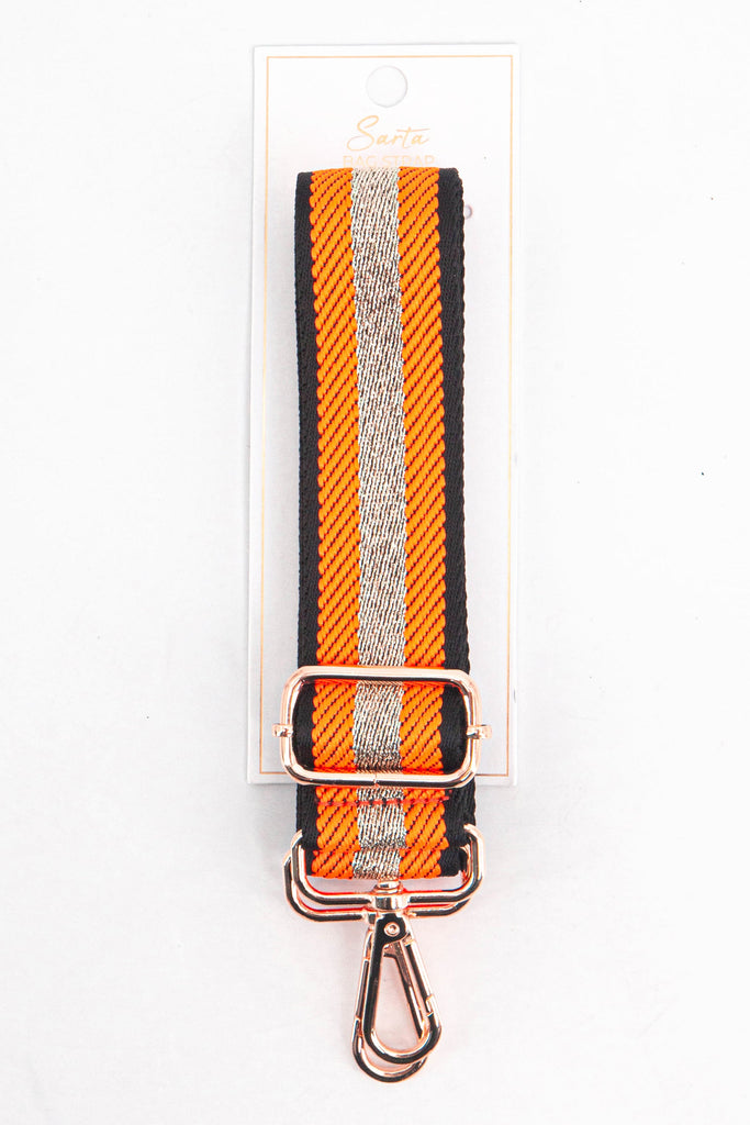 orange and gold glitter stripe woven bag strap in its sarta packaging