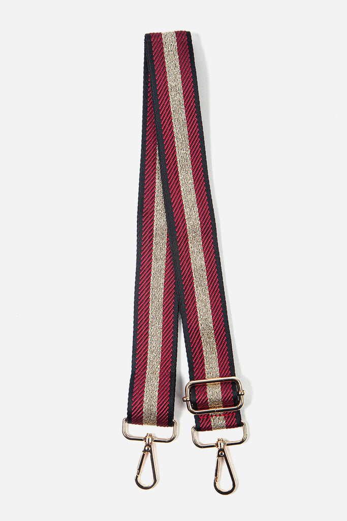 cailean-woven-bag-strap-berry-gold-glitter-stripe-laying-flat