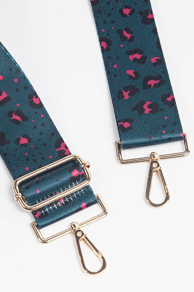 woven-bag-strap-teal-pink-leopard-print-stars-close-up-clip-on-attachement