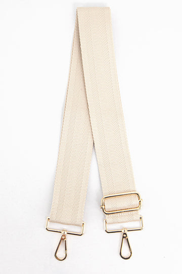 plain cream wide woven bag strap with gold clip on snap hook attachments