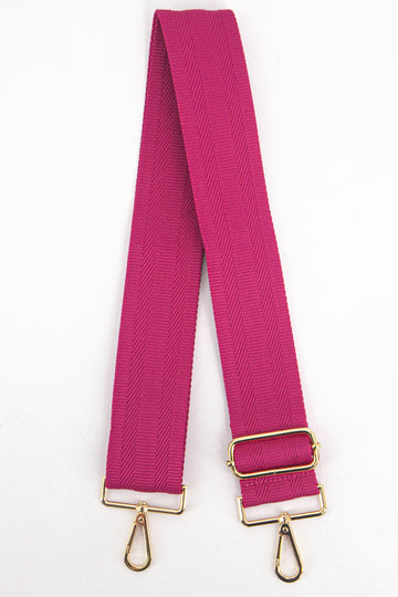 plain fuchsia pink wide woven bag strap with gold clip on snap hook attachments