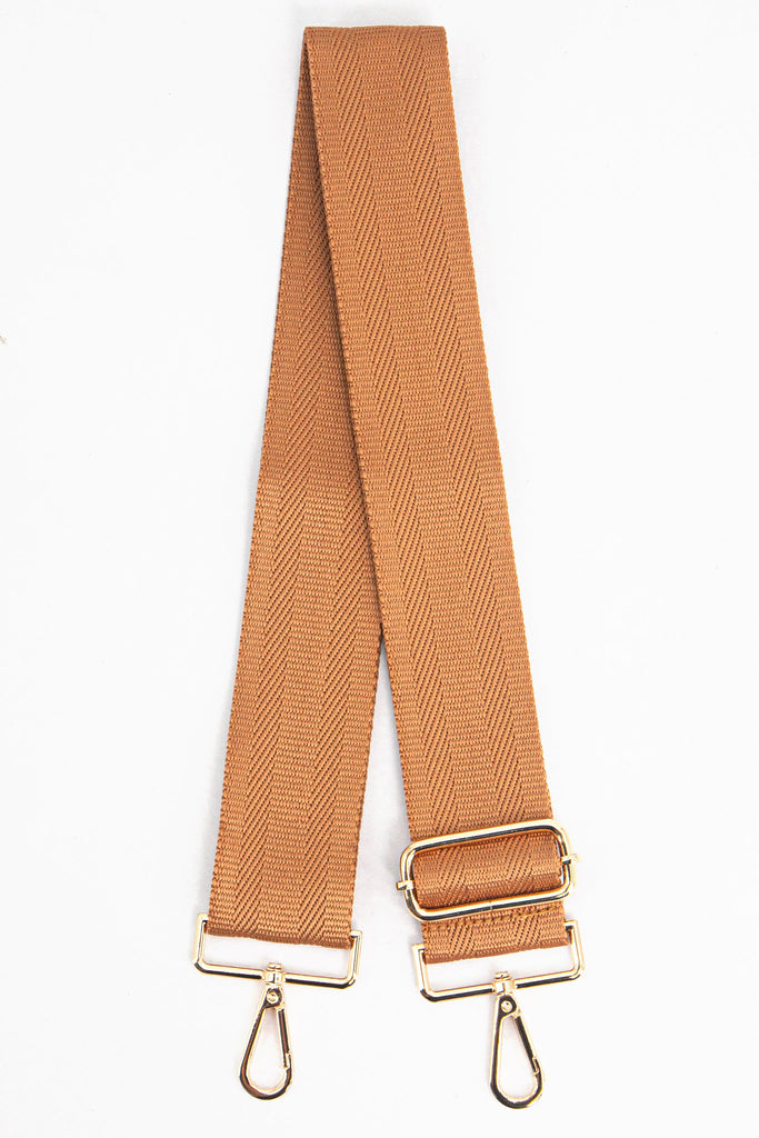 plain tan brown wide woven bag strap with gold clip on snap hook attachments