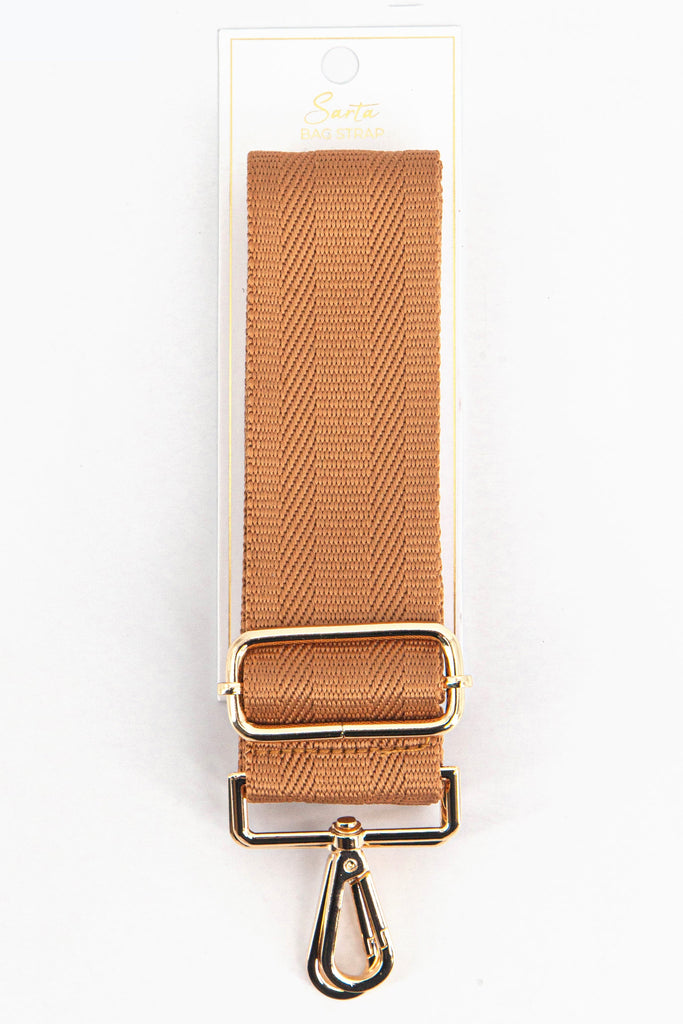 plain tan brown woven bag strap in its sarta packaging