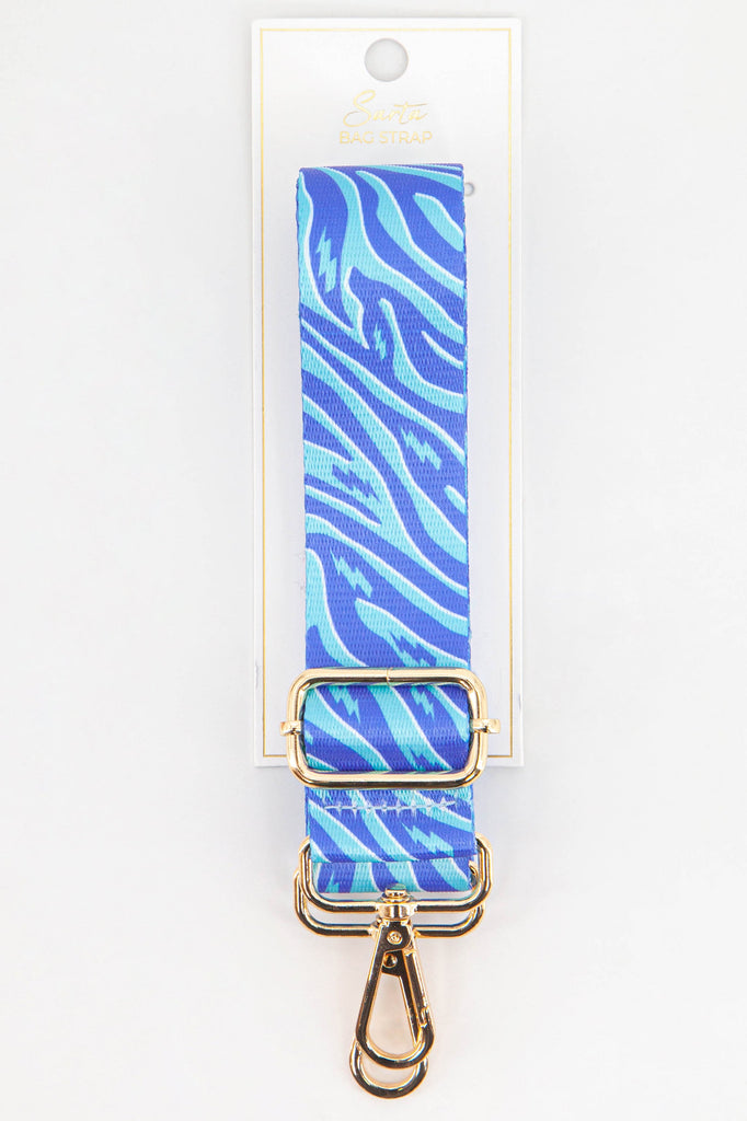 blue zebra and lightning bolt pattern clip on bag strap