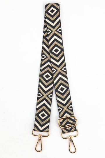  gold aztec print woven bag strap, the strap is adjustable and has gold hardware