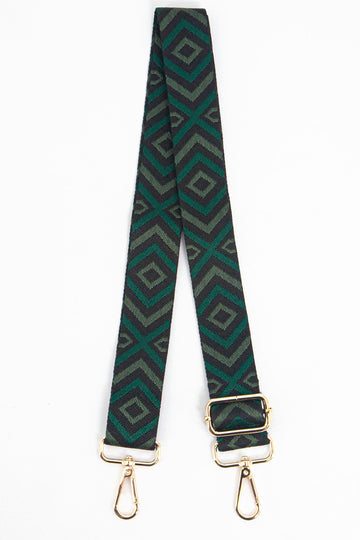 khaki green aztec print woven bag strap, the strap is adjustable and has gold hardware