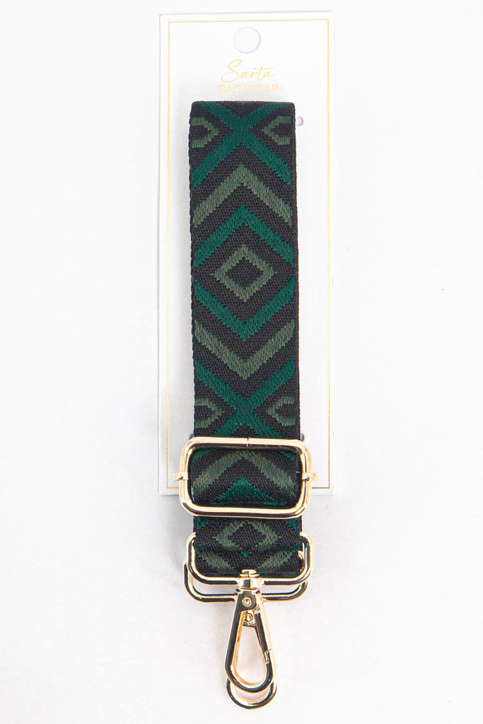 khaki green aztec pattern woven bag strap in its sarta packaging