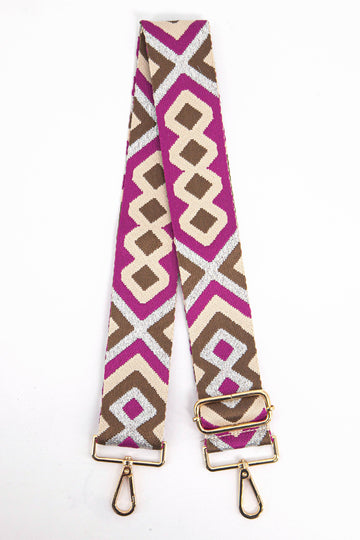 pink, taupe and silver metallic glitter aztec pattern clip on bag strap with gold hardware