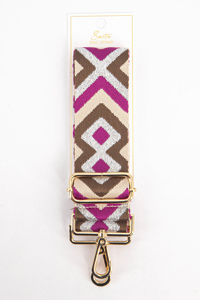 pink, taupe and silver metallic aztec woven bag strap in its sarta packaging