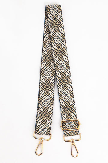 black and gold jacquard pattern wide bag strap with gold hardware