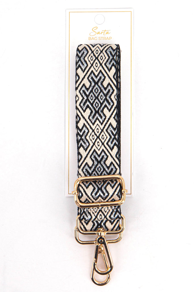 navy blue and gold jacquard woven bag strap in its sarta packaging