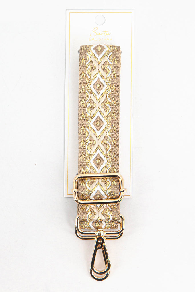  gold geometric woven bag strap in its sarta packaging