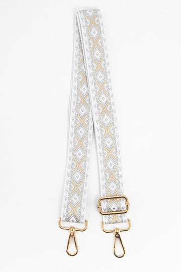 silver and gold ornate geometric pattern bag strap with gold clip on hardware