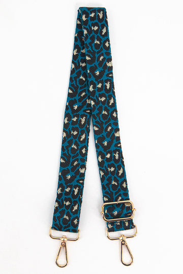 blue and black leopard print woven bag strap with gold metallic threaded accents throughout