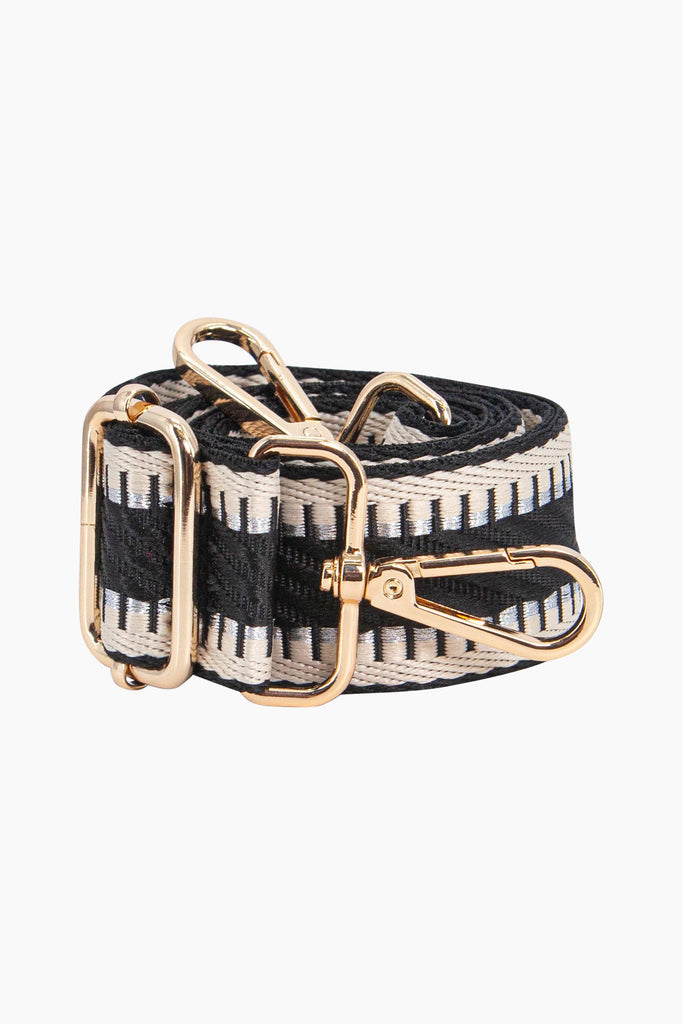 emerson-woven-bag-strap-black-striped-trim-close-up-pattern-adjustable-buckle