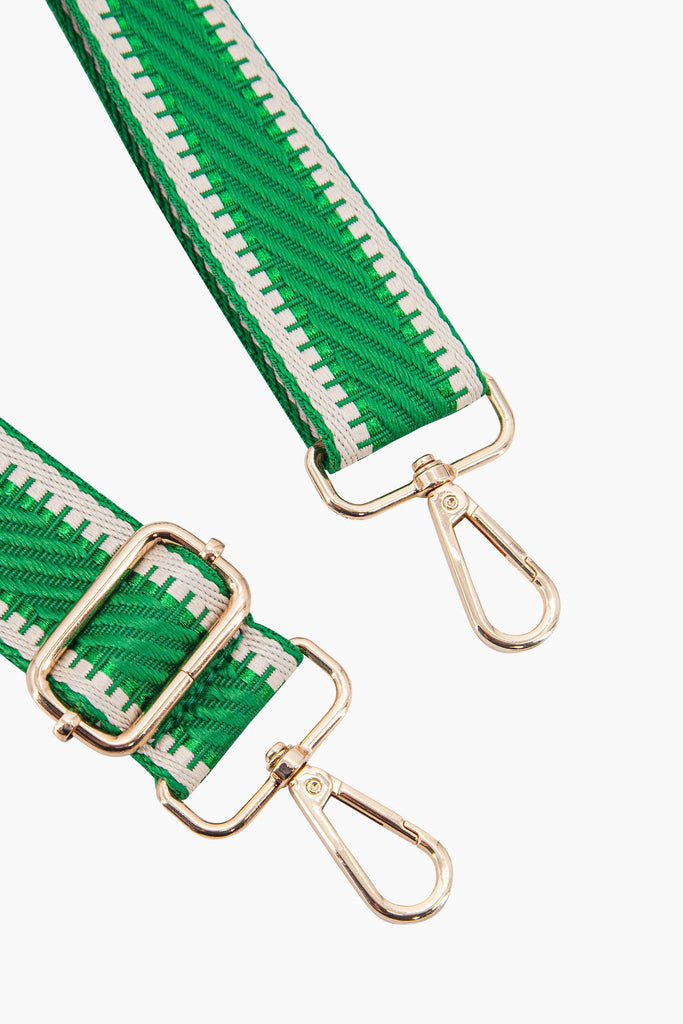 emerson-woven-bag-strap-green-striped-trim-close-up-gold-snap-hoop-attachments