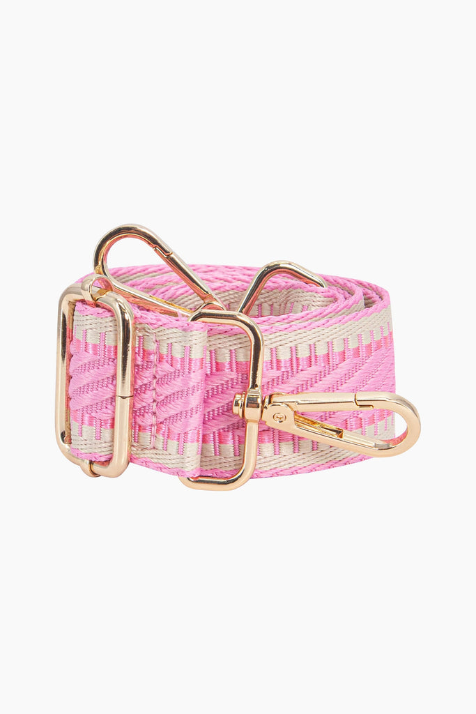 emerson-woven-bag-strap-pink-striped-trim-close-up-pattern-adjustable-buckle