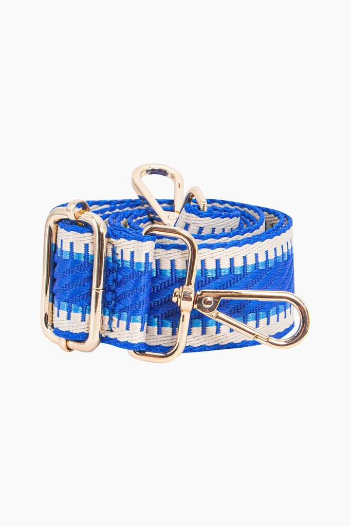 emerson-woven-bag-strap-royal-blue-striped-trim-close-up-pattern-adjustable-buckle