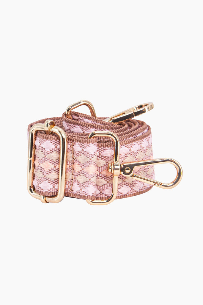 hayden-woven-bag-strap-light-pink-spotted-coiled-close-up-dot-pattern-adjustable-buckle