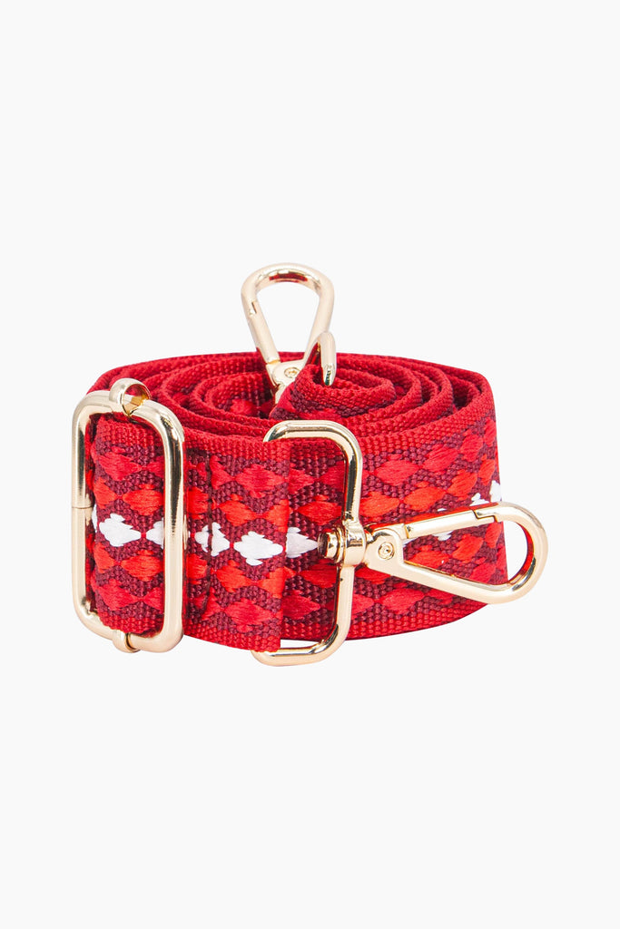 hayden-woven-bag-strap-red-spotted-close-up-dot-pattern-adjustable-buckle